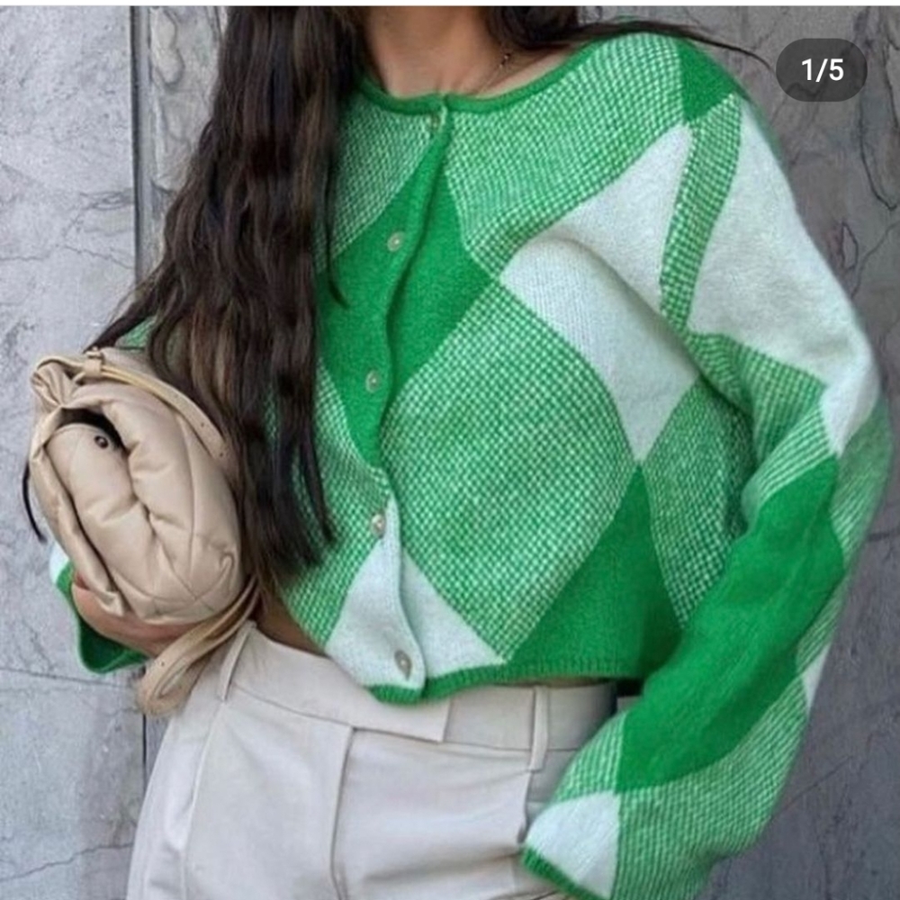 Zara Green and White Geometric Cropped Cardigan